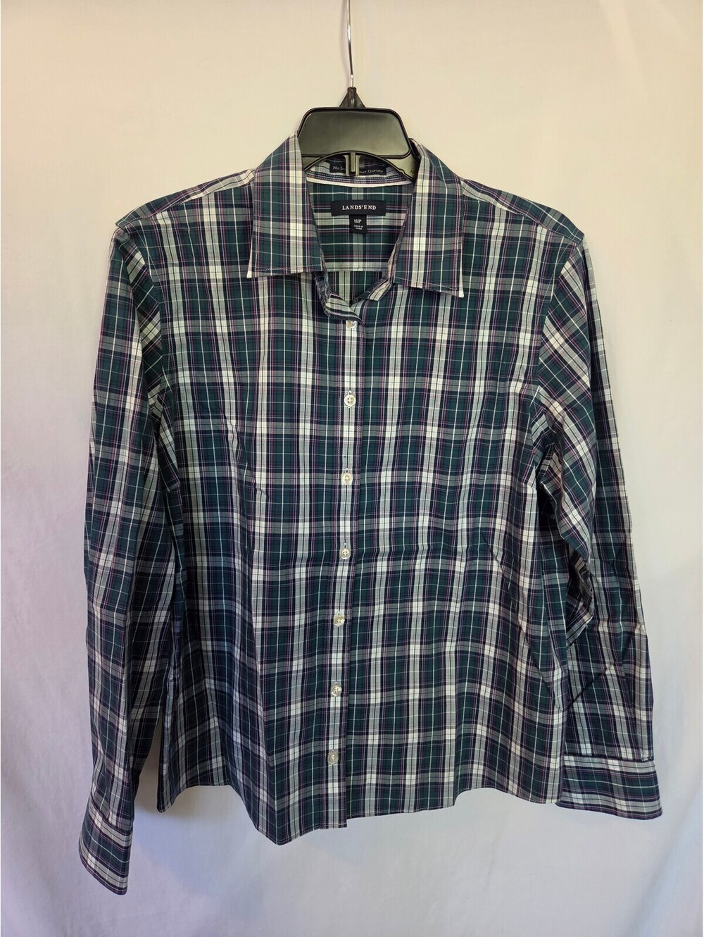 Lands' End No Iron Pinpoint Oxford Plaid Button-Up Shirt Size 16P